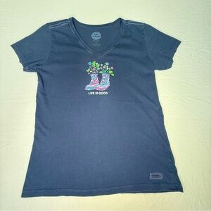 Life is Good short‎ sleeve Vneck Blue Graphic Tee gardening boots size medium